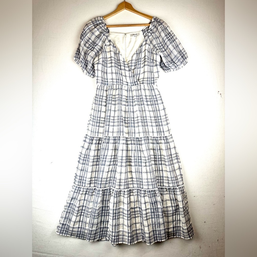 Madewell Puff Sleeve Faux Wrap Tiered Midi Dress Plaid Cottagecore - Picture 2 of 10